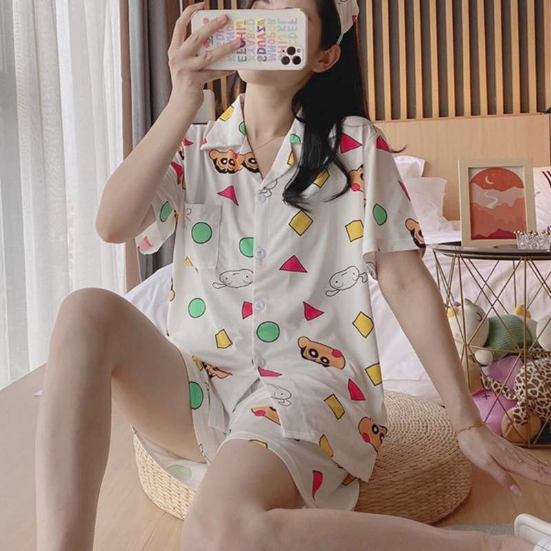 Anime Pijama Women Kawaii Homewear Crayon Print Short Tops Pants Casual Sleepwear Cute Shirts Summer New Pajama Student Cartoon plus size pajama sets