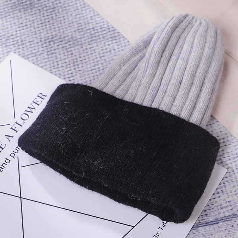 light grey black Модная Высококачественная мягкая шапка из кроличьего меха, шапка для девочки, вязаная шапка для писсуара, толстая теплая зимняя шапка, Женская Повседневная вязаная шапка - Цвет: light grey black