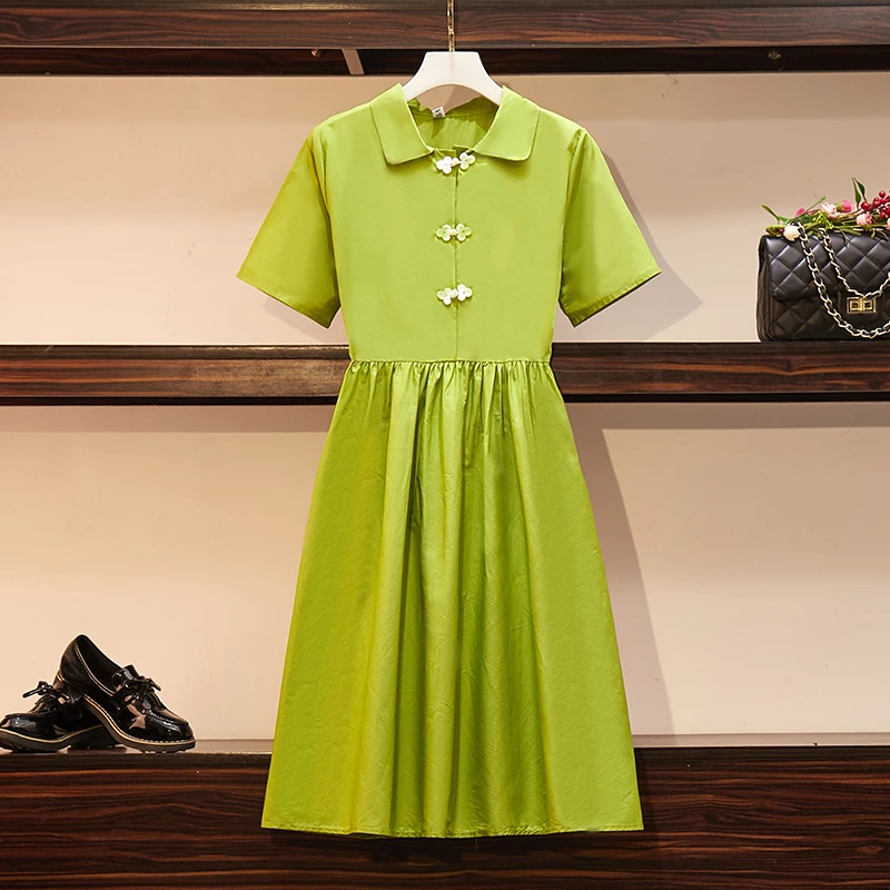 

Actual Large Size Women's Clothes, Fat Mm Summer Dress, Avocado Green Doll Collar Dress, Belly-covering Aging Fairy Dress