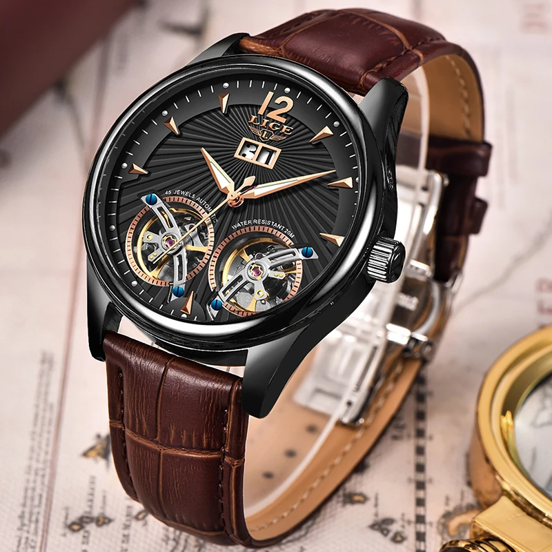 

Watch Men 2020 LIGE New Dual Tourbillon Leather Mens Watches Top Brand Luxury Automatic Mechanical Clock Male Sport Wirstwatch