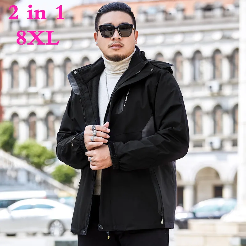 

2019 new plus size 8XL 7XL Men's Winter Fleece Jacket 2 Pieces Outdoor Sports Windbreaker Fishing Hiking Camping Ski Brand Coat