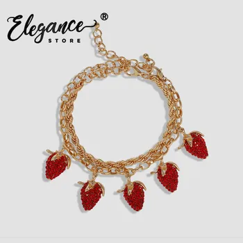 

Elegance Bohemian Fashion ZA Strawberry Link Bracelets for Women 2PCS Metal Gold Color Fruit Stone Bracelets Bangle Jewelry Gift