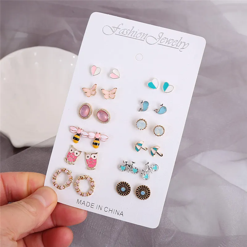 

Htzzy 12 Pairs/Set, Women Stud Earrings Set Bohemian Jewelry Colorful Heart Animals Gold Geometric Crystal Fashion Earrings