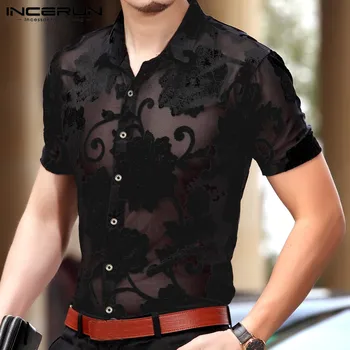 

Sexy Men Mesh Shirt Printed Lapel Slim Short Sleeve Stylish See Through Clubwear Party Men Dress Shirts 2020 Camisa INCERUN 7