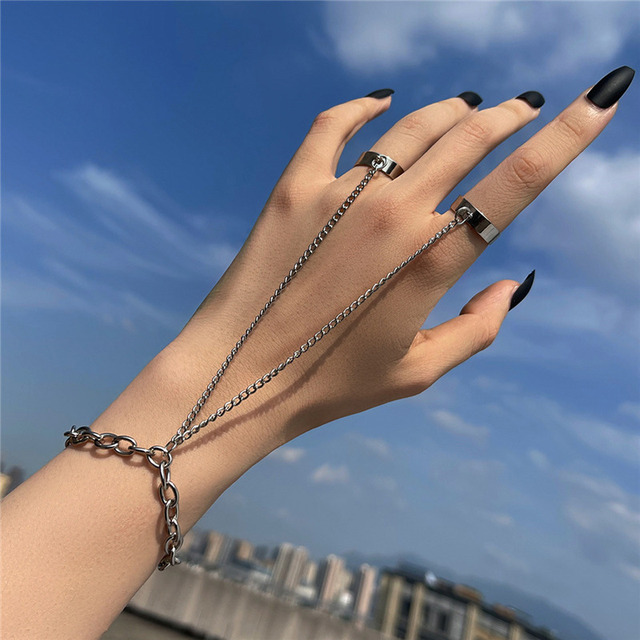 Geometric Silver Color Chain Wrist Bracelet For Women Men Ring Charm Set Couple Emo Fashion Jewelry Gifts Pulsera Mujer