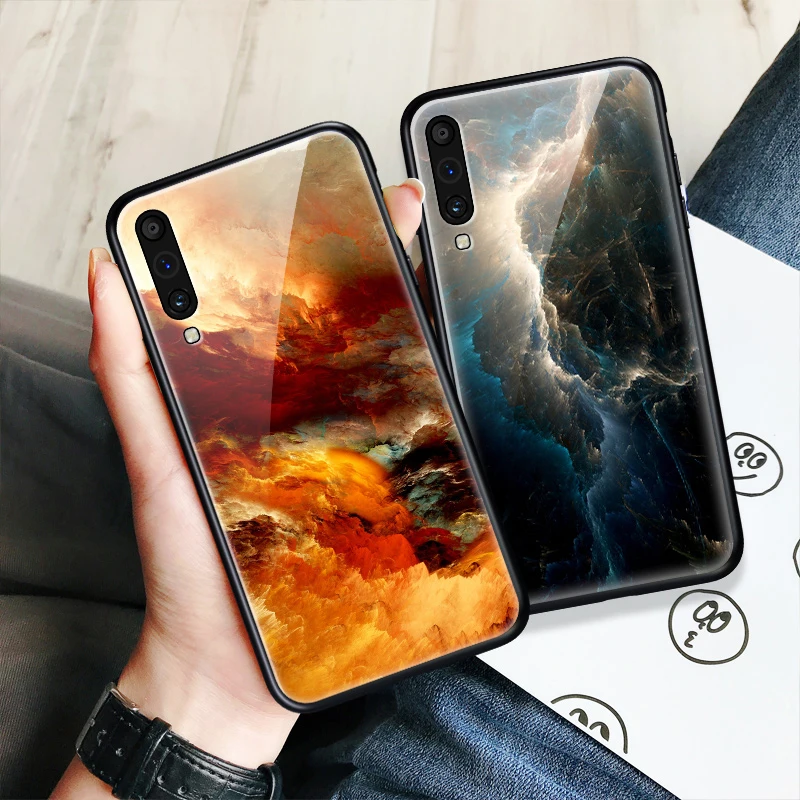 

Tempered Glass Phone Case For Samsung Galaxy A70 A50 Luxury Natural Scenery Back Cover