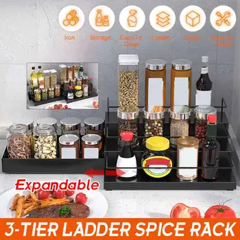 

3 Tier Expandable Ladder Spice Rack Kitchen Spice Stand Jars storage Organizer Wall Mount Countertop Pantry
