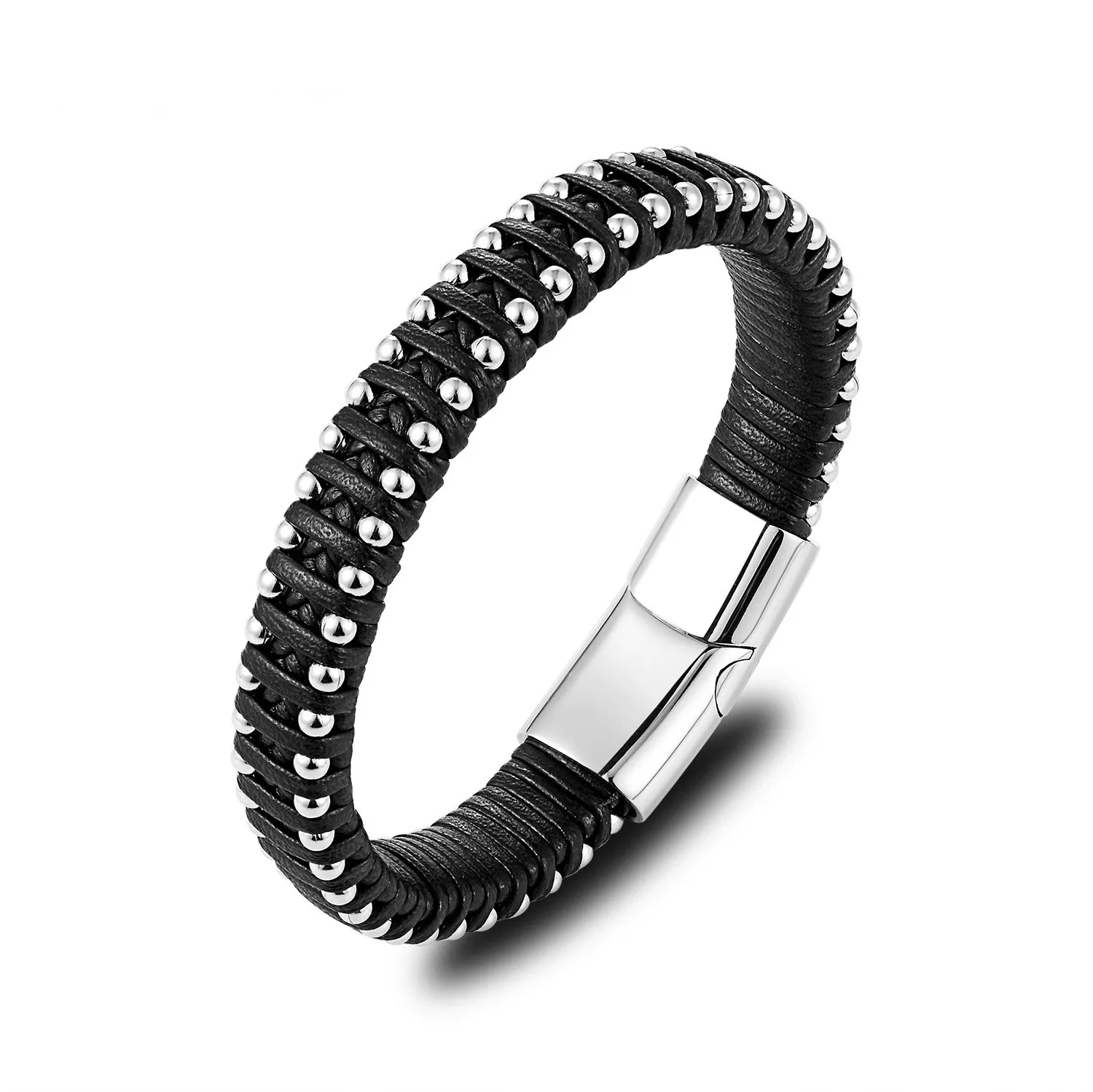 Men's Stainless Steel Black Silicone Inlaid Braided Leather Bracelet Bangle Cuff 