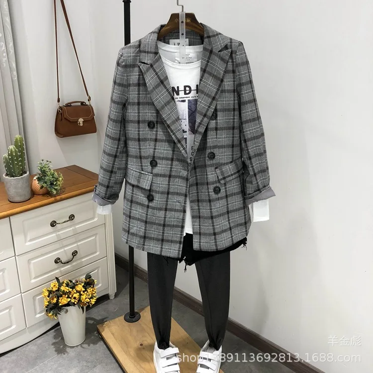 

18 Autumn New Style Korean-style Casual Simple Double Breasted British-Style Large Grid Loose-Fit Suit Coat Women's A425