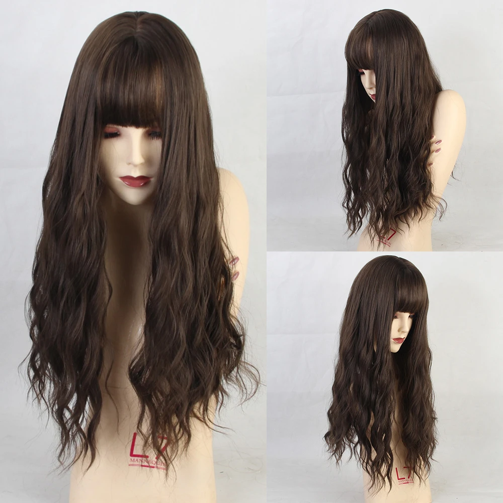 Длинные Синтетические волнистые парики с челкой, натуральные кудрявые темно-коричневые парики для женщин, парики для косплея