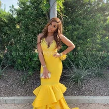 Желтое платье русалки для выпускного вечера для черных девушек, сексуальное платье с v-образным вырезом на бретельках, африканские торжественные платья, Длинные вечерние платья для выпускного вечера