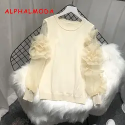 ALPHALMODA стерео цветок Oganza рукав трикотажная рубашка Женская свободная винтажная вязанная Топ новый стиль осень винтажный джемпер осень 2019