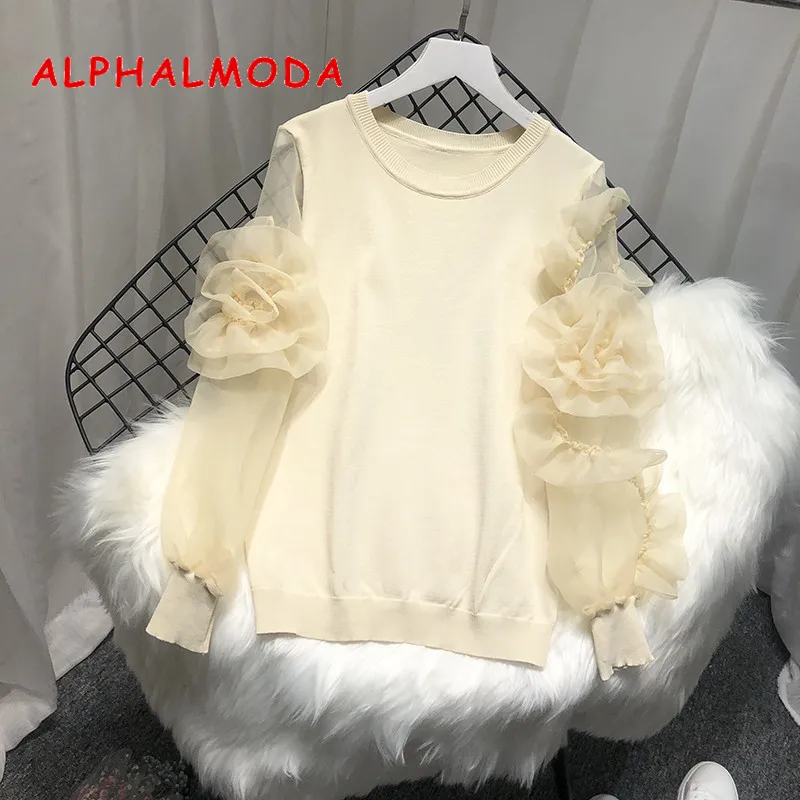Женская Вязаная рубашка ALPHALMODA свободный винтажный топ с цветочным принтом на