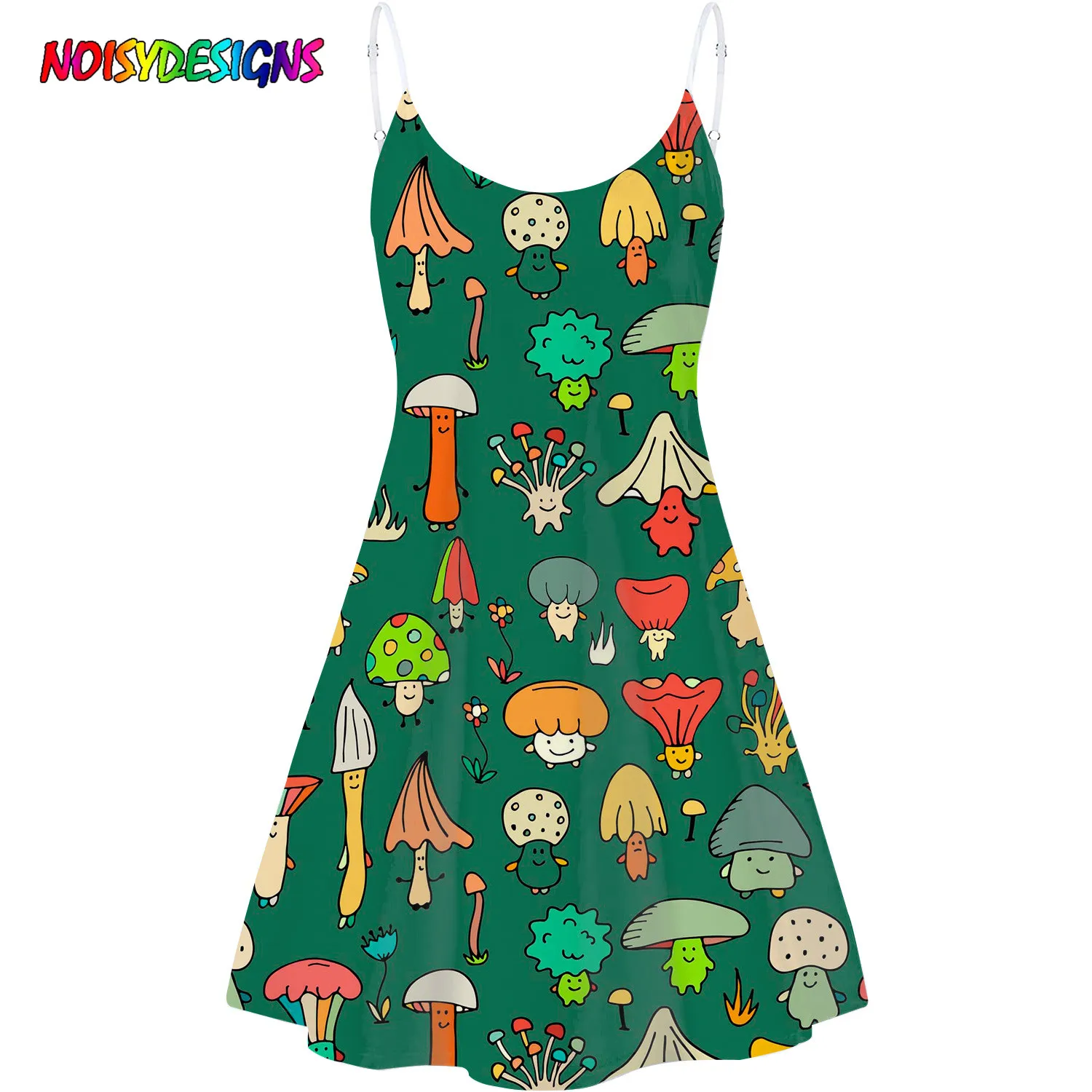 Noisydesigns Summer Women Dress Cartoon Smile Mushroom Printed Sling Ladies Dresses A-Line Beach Dress Soft S-4Xl Vestidos