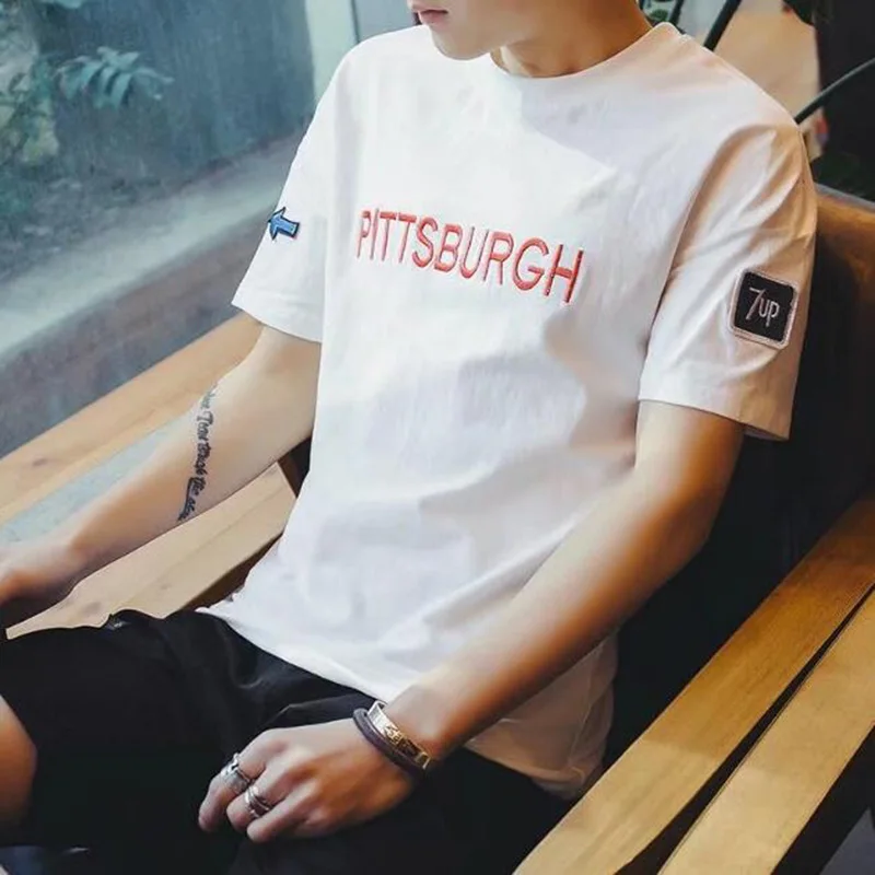 Korean Style T Shirt For Men 2020 Short Sleeve Silm Man Tshirt Casual Letter Embroidery Tee Tops M-3XL | Мужская одежда