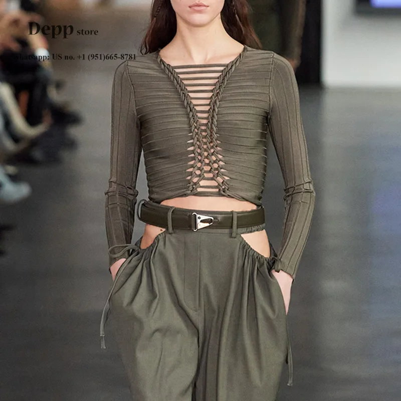 

Runway 2020 Fashion Elegant round Neck Adjustable Woven Hollow out Slim Fit Elastic sexy woman crop knitted Sweaters sweater S-L