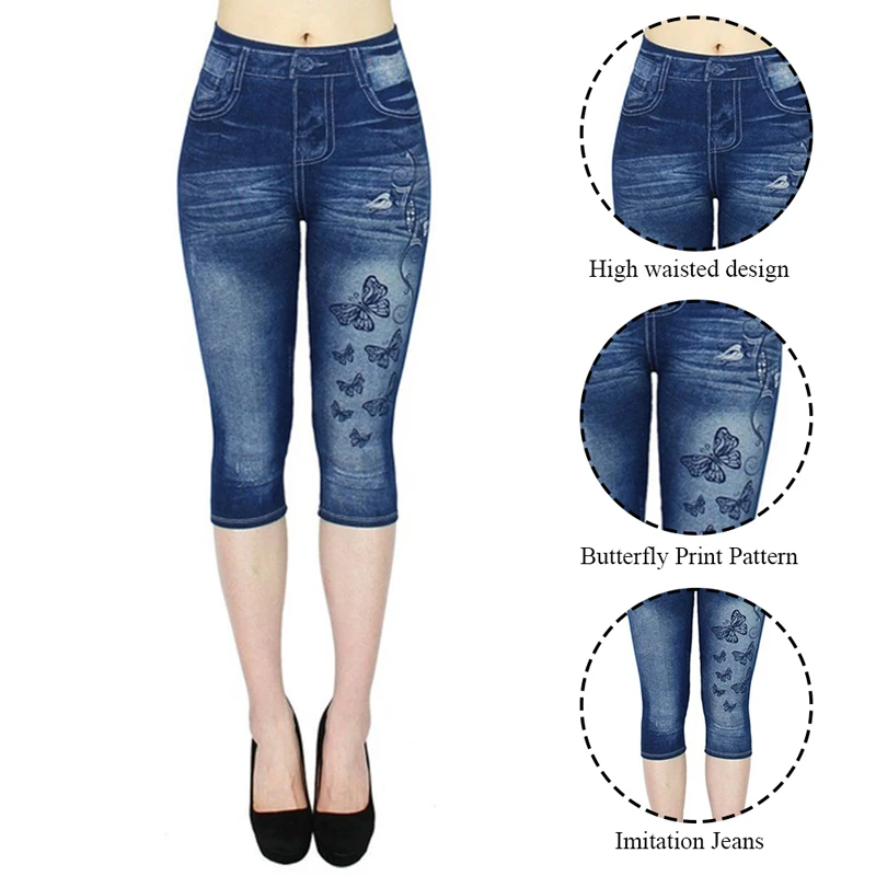 Faux Jeans Leggings Woman Stretch Printed Short Leggins 4\3 Pants Summer Breeches High Waist Perfect Fit Jeans Jeggings