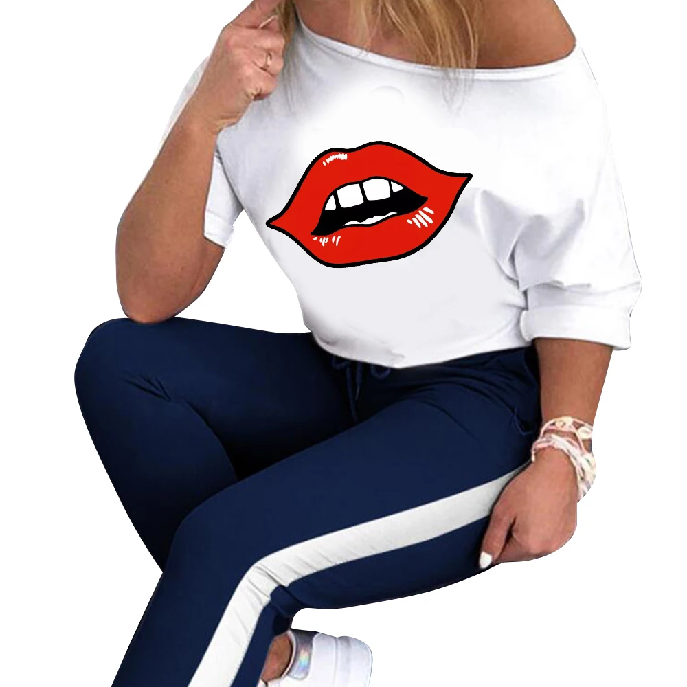 

Summer Sportwear Women's Sport suits 2020 Short Sleeve Womans Clothes Two Piece Set One shoulder Clothing female ropa mujer D30