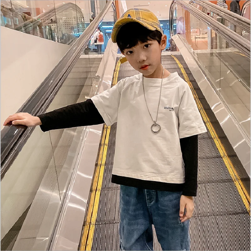 

Kids Clothes Sweatshirt For Teens Boys Cotton Fake two-piece Long Sleeve T-shirt Baby Boys Sport Tops Children's Clothes For Boy