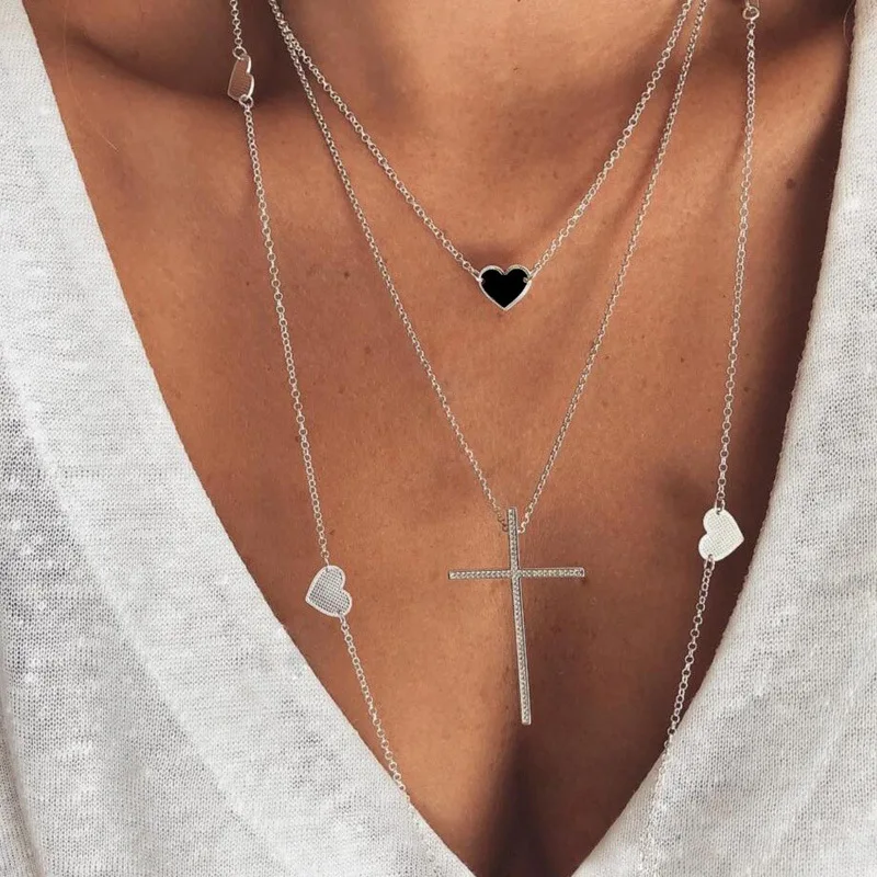Silver cross multilayer necklace with zinc alloy for women vintage pendant necklace chain heart necklace jewelry wholesale