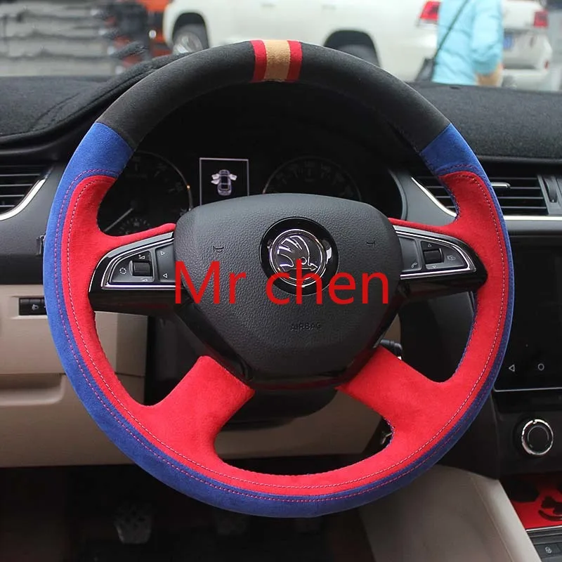 

DIY Leather hand sewn steering wheel cover suede for Skoda Fabia Octavia Superb Yeti Special purpose vehicle interior