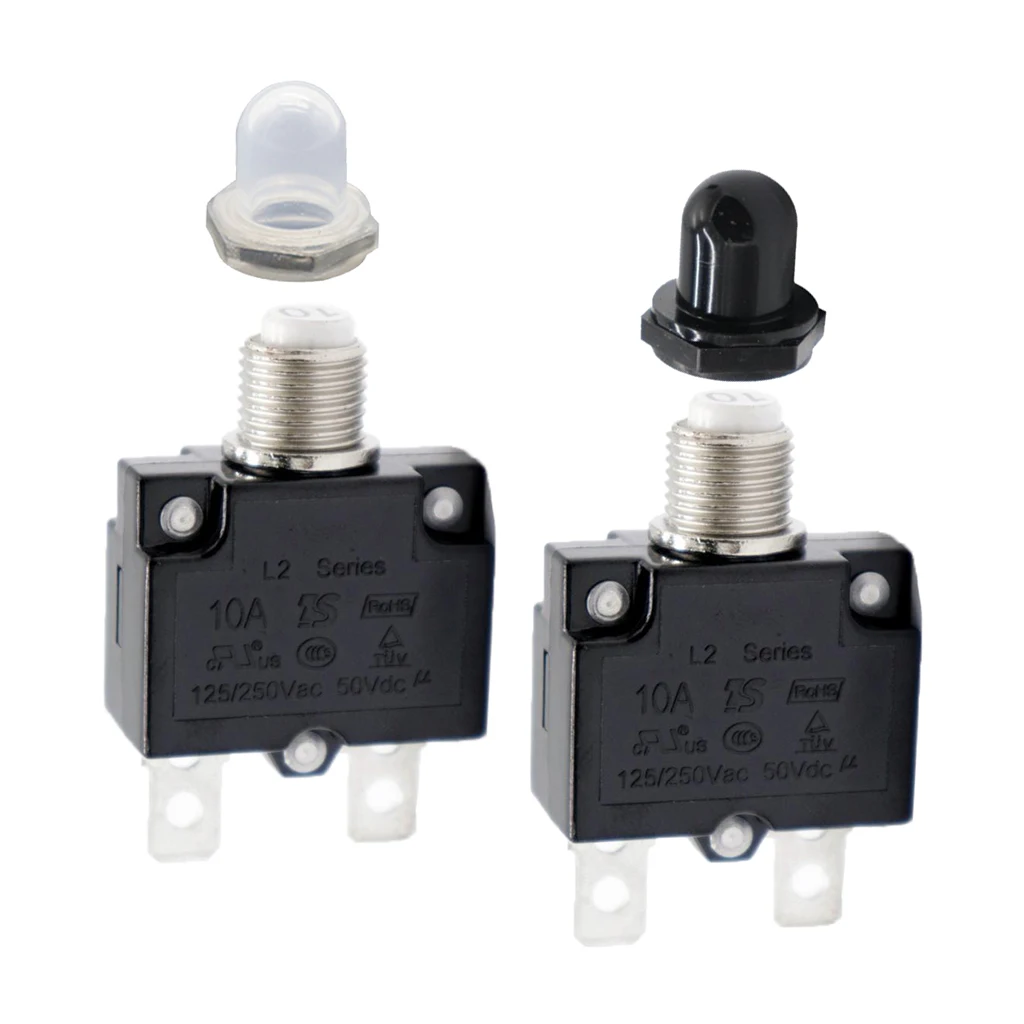 Pack of 2 10 Amp Circuit Breaker Push-Button Reset with Quick Connect Terminals and Waterproof Button Covers (Black & White)