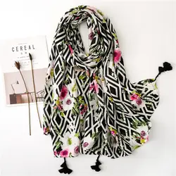 Женский шарф геометрический этнический шарф-снуд на голову, хиджаб большое одеяло обертывание модная длинная шаль с кисточками