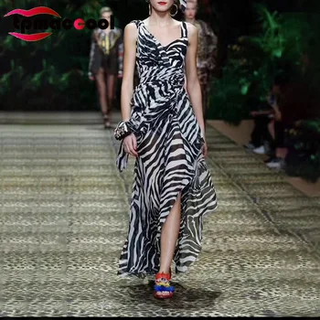 

Tpmaccool luxury designer RUNWAY women 2020 Spring summer Strap chiffon tiger Striped Irregular party long Dress Female S-L