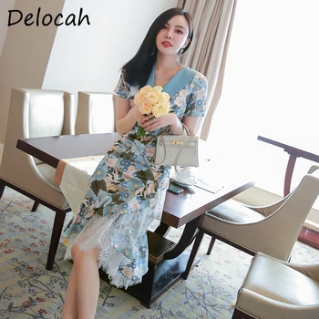 

Delocah Summer Women Fashion Designer Midi Dress Short Sleeve Lace Ruffles Floral Print Bodycon Fit Ladies Mermaid Dresses 2020