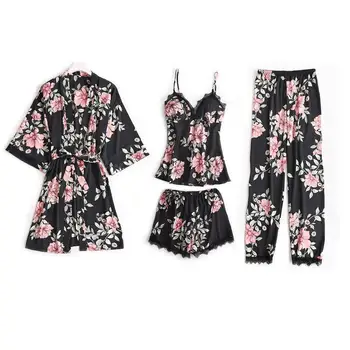 

4pcs Robe Suit Kimono Gown Print Flower Imimate Lingerie Satin Home Clothes Suspender Women Sexy Shorts Nightgown Sleepwear