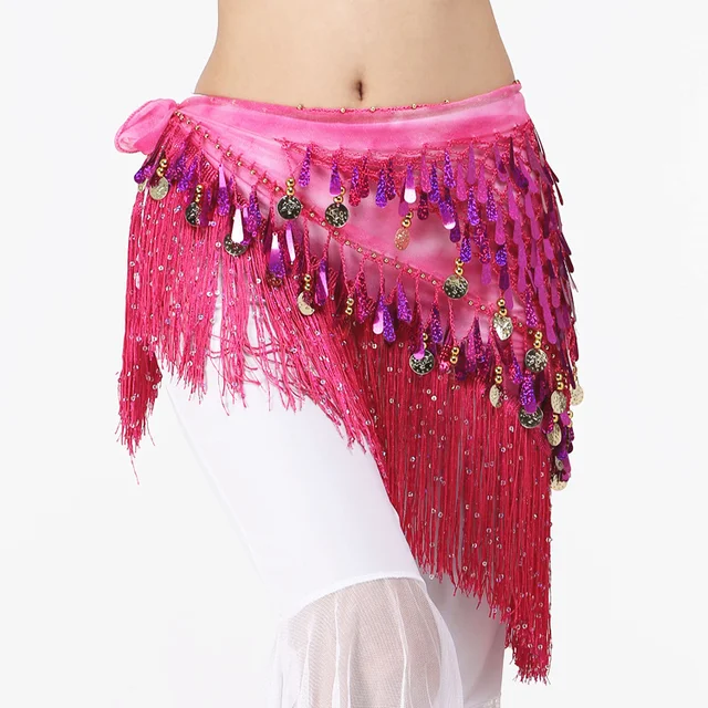 Women Belly Dance Clothing Accessories Teardrop Paillettes Fringe Wrap Elastic Base Tie-Dye Triangle Belts Coins Hip Scarf Fuchsia with sequins