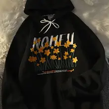 

American hoodies for men retro small daisy hand-painted plus velvet all-match pullover streetwear full-sleeved shirt niche top