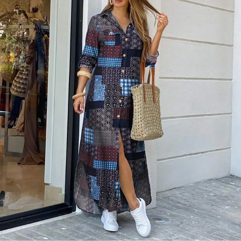 

Women Dress Long Sleeve Cotton Printed Sundress Casual Loose Irregular Kaftan Dresses 2020 VONDA Robe Femme Vestidos Plus Size