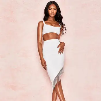 

Women Two Piece Set Tassel Sexy Party 2019 Autumn Winter Clothing Crop Top Midi Skirt 2 Piece Set Outfits Women Matching Sets