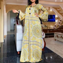 Autumn Long Sleeve Maxi Dress African Ladies Rich Bazin Golden Print Vintage Plus Size 3XL Floor Length Women Party Long Dress
