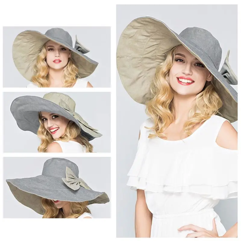 Женские UPF 50 + складной флоппи Реверсивный Ультра Большой широкими полями пляжная шляпа от солнца контрастного цвета Панама со съемным