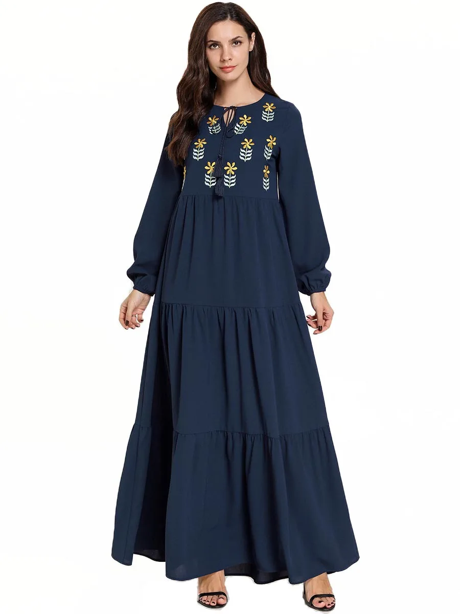 Женское мусульманское платье макси с вышивкой и длинным рукавом Abaya турецкое