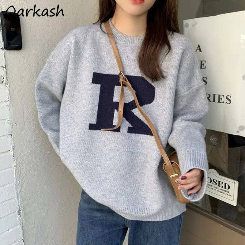 Pullovers Women Korean Fashion Jacquard Sweater New Soft Lazy Style College  Knit Vintage Clothes Letter O-Neck BF Loose-fitting - AliExpress