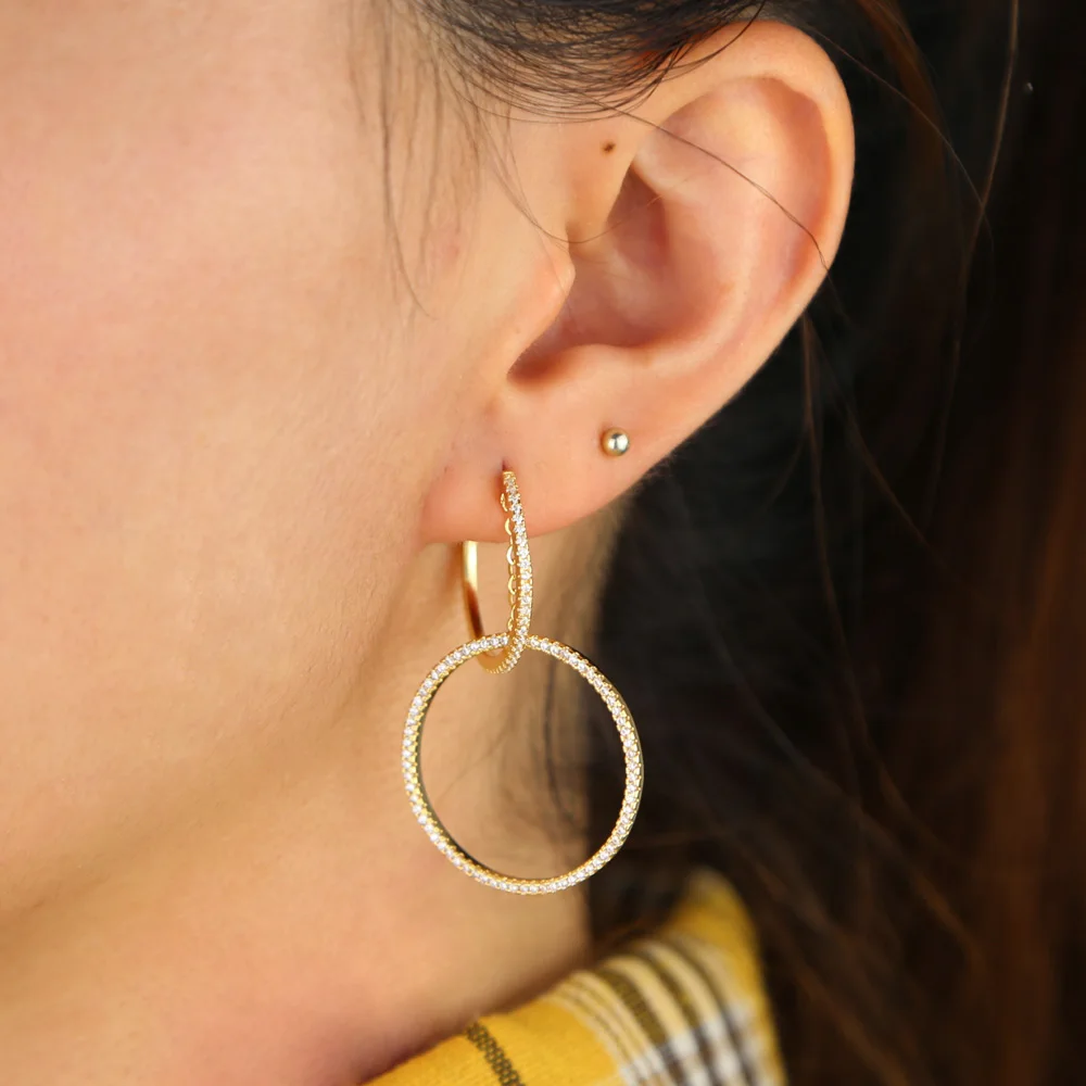 

Big gold color double circle charm Pendant Hoop Earrings fashion Cute moving Circle cz paved Bohemia Boho Gorgeous women earring