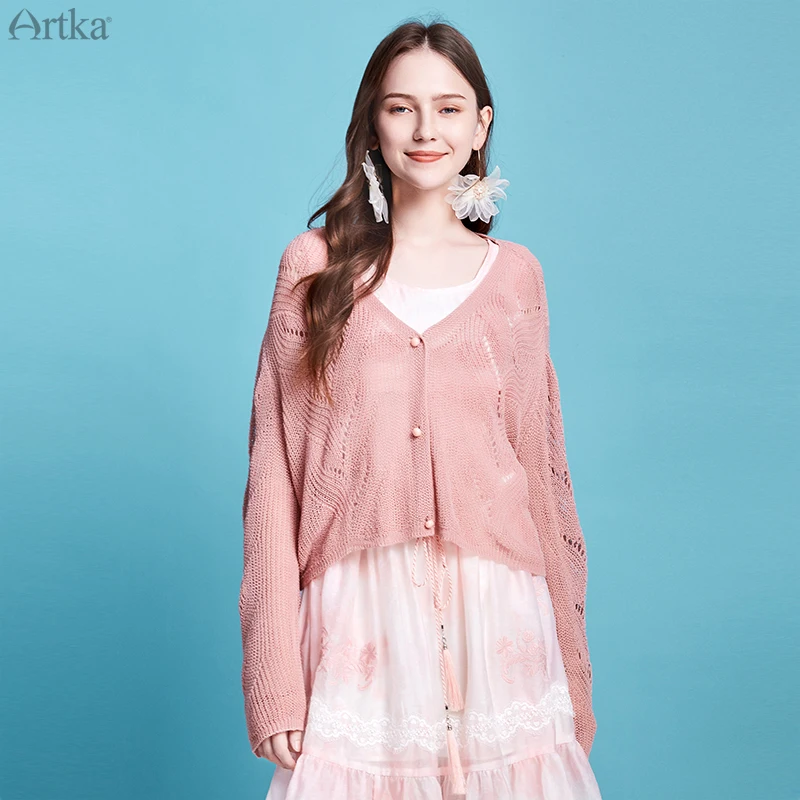 

ARTKA 2020 Spring New Women Knitwear 3 Colors Elegant Long Sleeve Thin Sweater V-Neck Loose Hollow Out Cardigan Women WB20105C