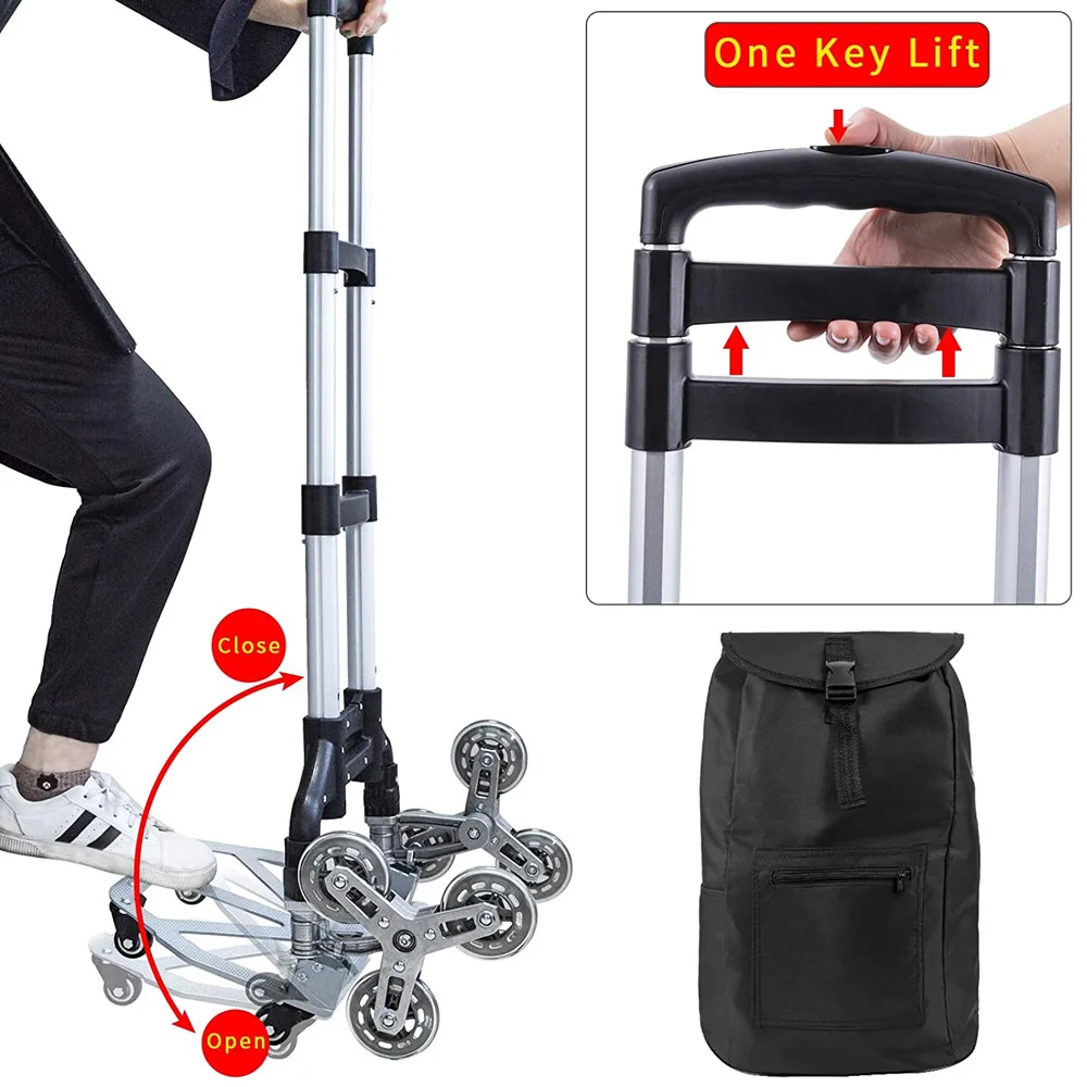 150KG All Terrain Stair Climbing Cart Hand Truck with Bungee Cord Folding Trolley for Upstairs Cargo with Storage Bag