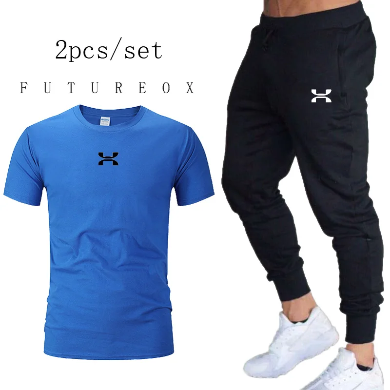 Мужские комплекты для бега, быстросохнущая дышащая футболка+ свободные Стрейчевые тренировочные штаны, осенние спортивные костюмы для бега, фитнеса, тренировочные спортивные костюмы