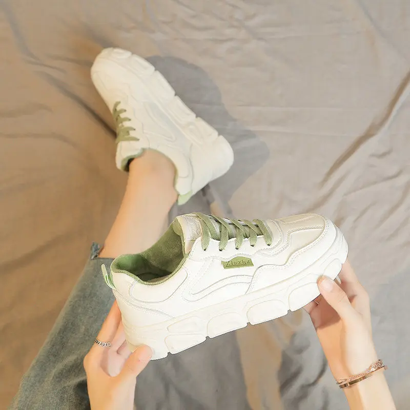 

White Shoes Women's 2019 Autumn And Winter New Style plus Velvet Lace-up round-Toe INS Casual Fashion Dad Platform Thick Bottome