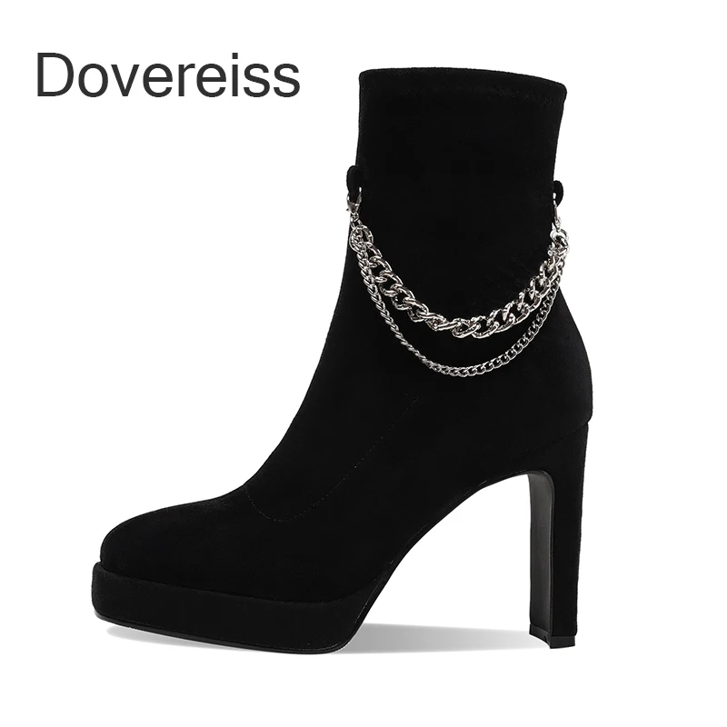 

Dovereiss Fashion Women's Shoes Winter Apricot Concise Clear Heels Square Toe Metal Chain Chunky Heels Ankle boots Block Heels