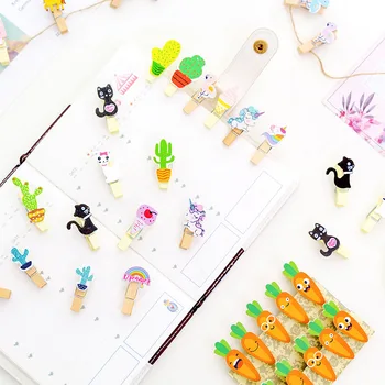 

10 pcs/pack Creative Cloud Unicorn Flamingo Cactus Cat Carrot Wooden Clip Binder Photo Paper Craft DIY Clips with Hemp Rope