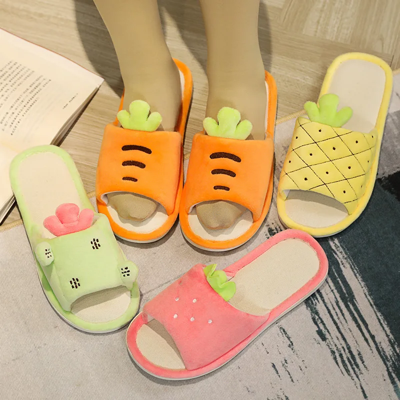 

New Cartoon Fruit Slippers Spring and Autumn Cactus Cotton Slippers Couple Anti-Slip Home Use Peep-Toe Plush Shoes