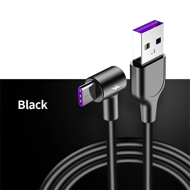 90 градусов 5A usb type C кабель для мобильного телефона для samsung huawei Xiaomi Redmi кабель передачи данных для быстрой зарядки для huawei type-C зарядное устройство - Color: Black