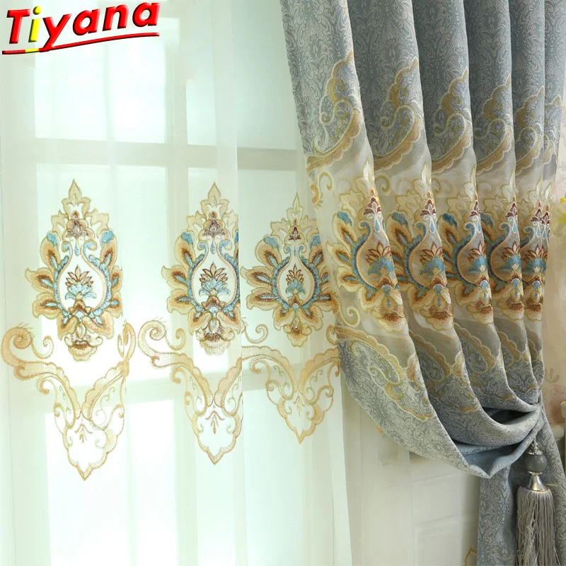 

Nordic Luxury Embroidery Screens Curtains for Living Room vi Blue/Brown Villa Advanced Semi-Blackout Window Drapes TulleWH096#20
