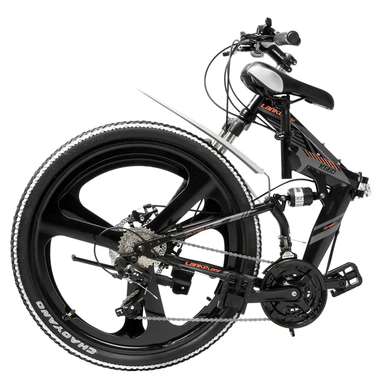 K660 26 Inch Folding Bicycle, 21 Speed Mountain Bike, Front & Rear Disc Brake, Integrated Wheel, Full Suspension
