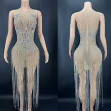 

Women Sleeveless See Through Rhinestone Fringes Chain Dress Sexy Latin Dance Dress Stage Performance Wear Show Costume